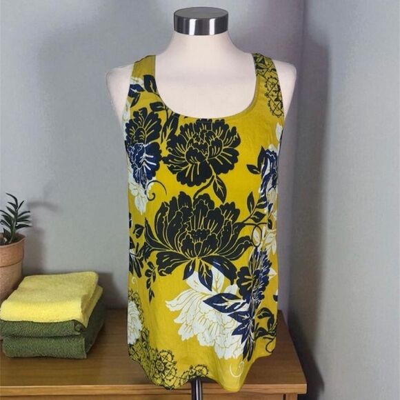 Cabi #286 Bali Yellow/Blue Floral Silk Blend Tank Top Medium Round Neck Blouse - Picture 4 of 11